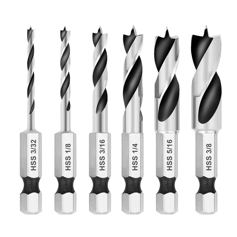 COMOWARE Brad Point Stubby Drill Bit Set for Wood, Short Length Drill Bit Set 6pcs HSS 4241 Steel with 1/4-Inch Quick Change Hex Shank - Image 1